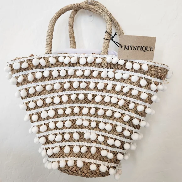 Mystique Pom Pom Tote Bag, White White Faux Fur Mesh Purse/Handbag/Tote with Pom Poms & Small  main image 2